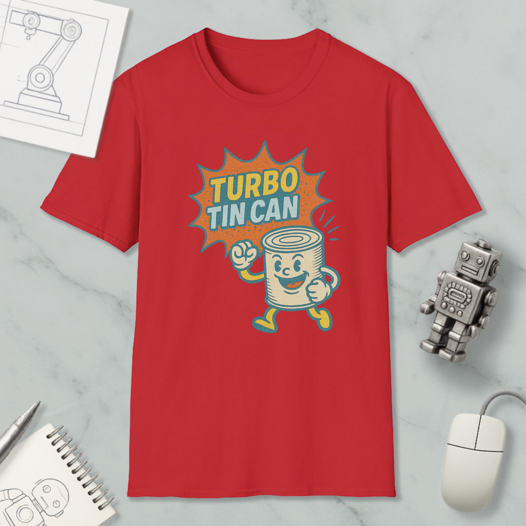 a red t-shirt with a cartoon tin can character and the text "TURBO TIN CAN" printed on it, along with a computer mouse and other office supplies.