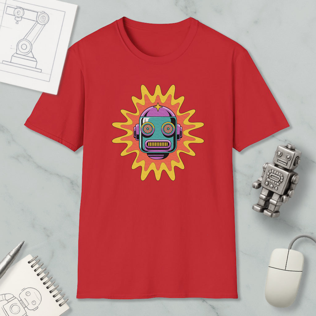 a red t-shirt with a colorful robot design, along with various objects such as a computer mouse, a notebook, and a pen.