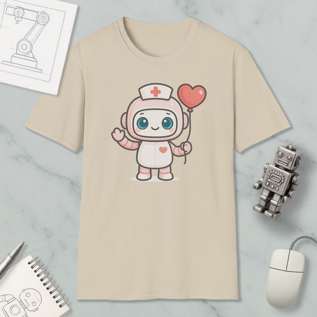 a t-shirt with a cartoon character wearing a nurse's uniform and holding a heart-shaped balloon. The t-shirt is placed on a marble surface, along with a computer mouse, a notebook, and a small robot figurine.