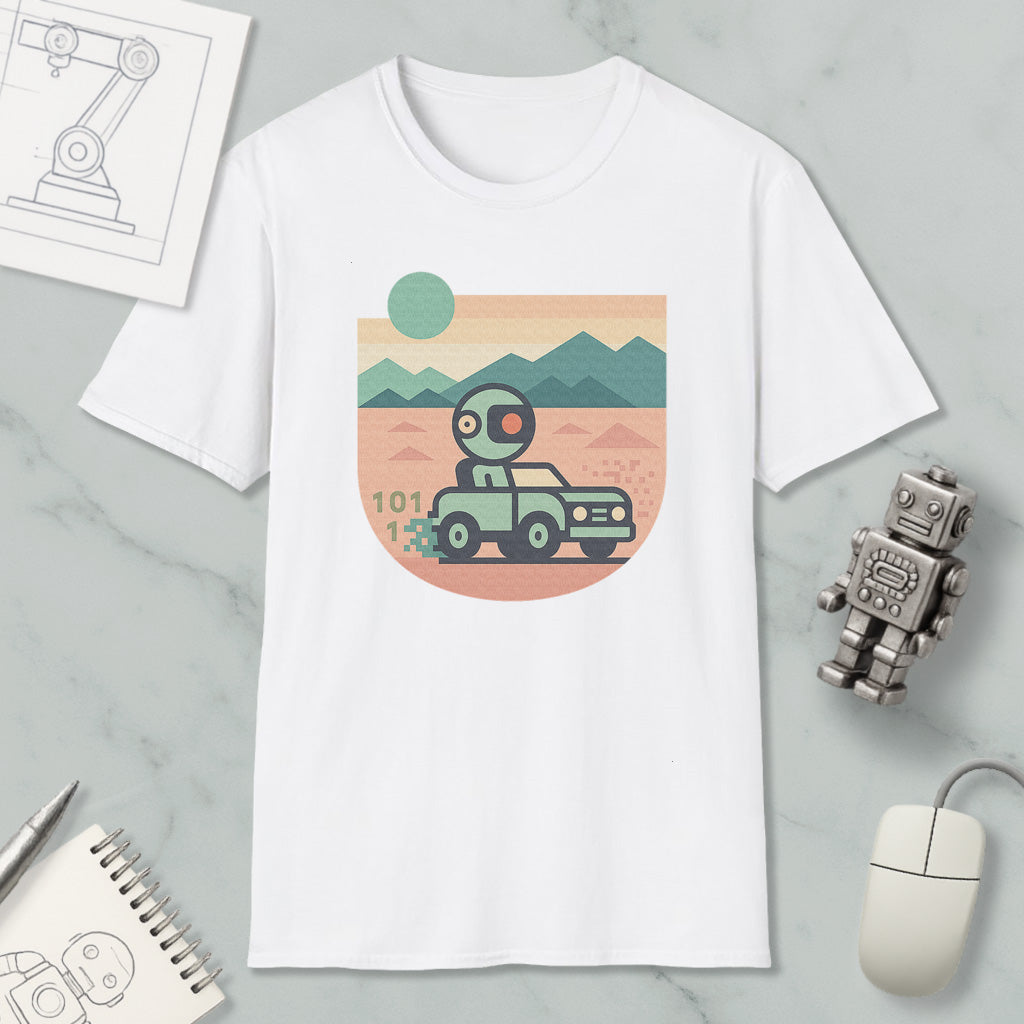 a white t-shirt with a graphic design depicting a robot driving a car on a desert road, with mountains in the background. The t-shirt is placed on a marble surface, along with a computer mouse, a pen, and a notebook.