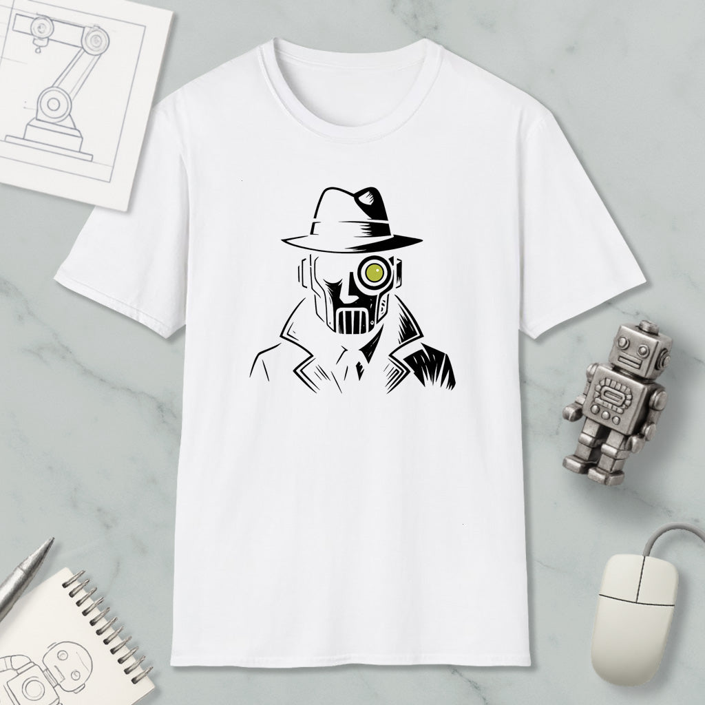 a white t-shirt with a graphic design of a man wearing a hat and a mask, along with a computer mouse and a notebook.