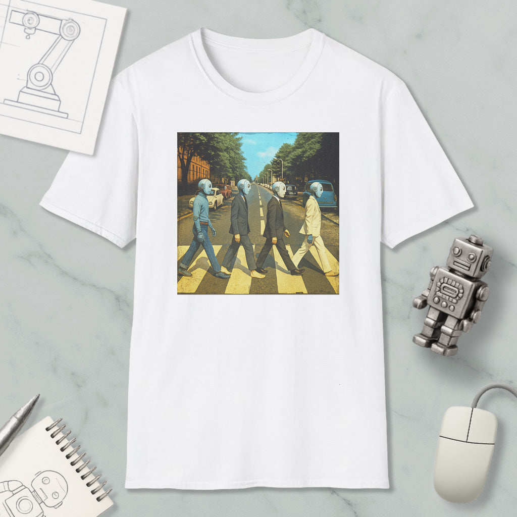 a white t-shirt with a graphic design depicting four people walking on a crosswalk, with one person wearing a suit and tie.