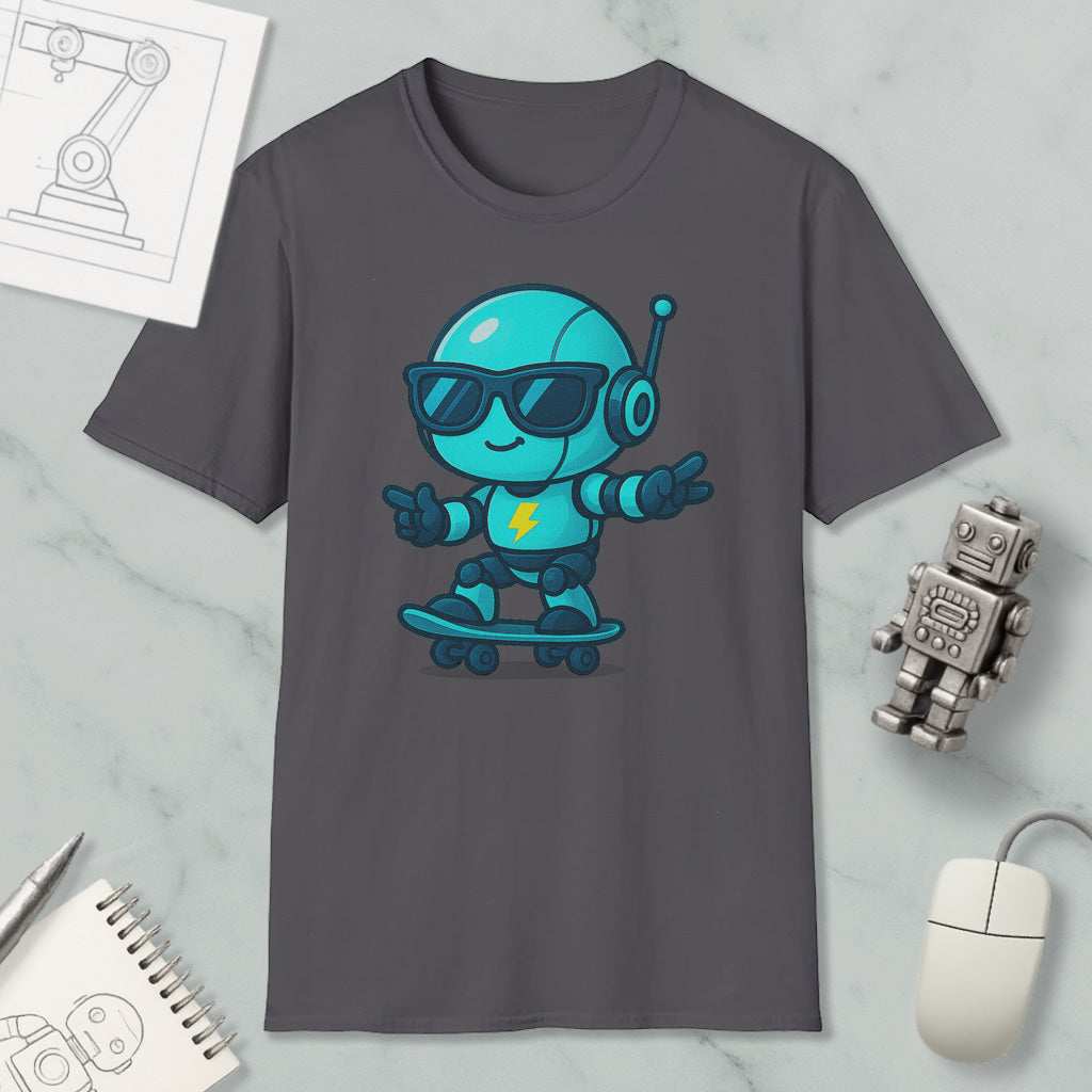 a gray t-shirt with a cartoon robot riding a skateboard, accompanied by a computer mouse, a notebook, and a robot figurine.