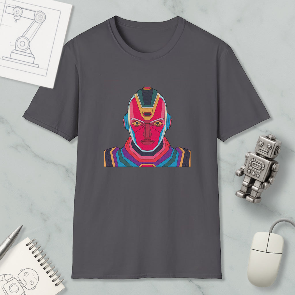 a gray t-shirt with a colorful graphic of a robot or character on it, along with various objects such as a computer mouse, a notebook, and a pen.