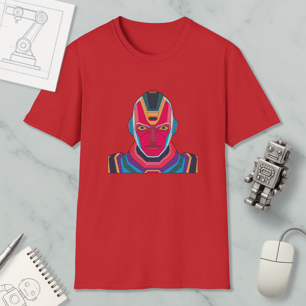 a red t-shirt with a colorful graphic of a robot or character on it, along with various objects such as a computer mouse, a notebook, and a pen.