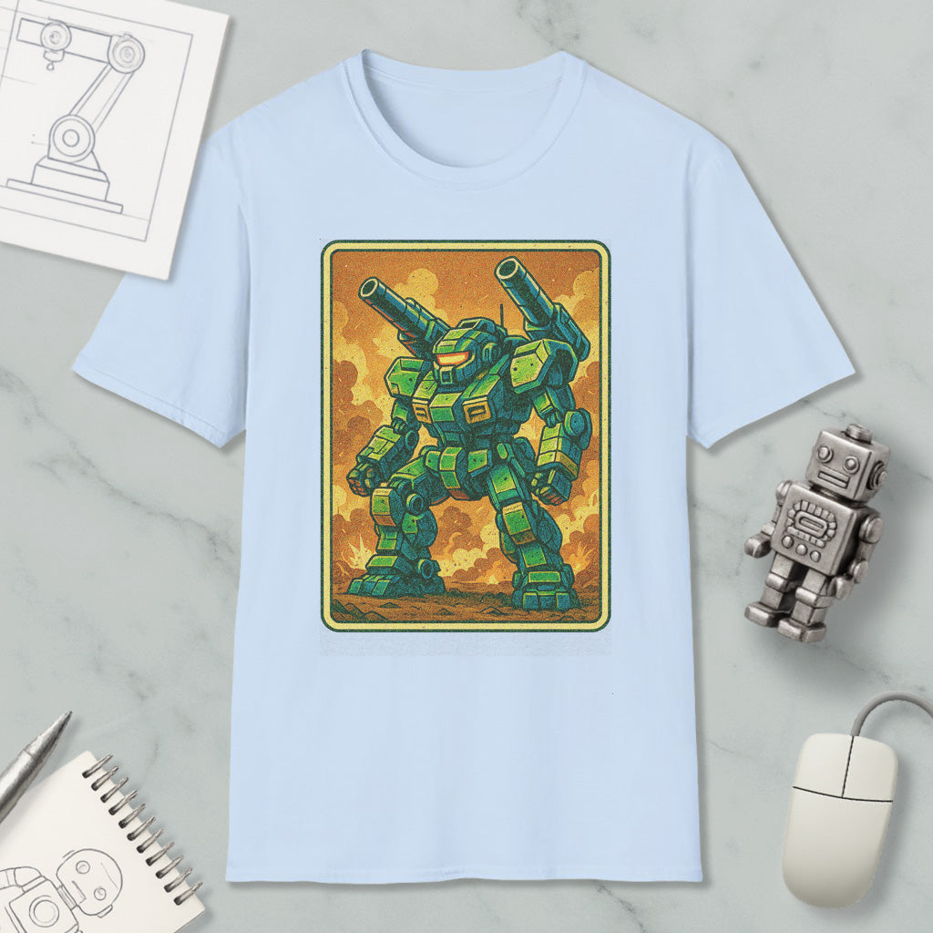 a light blue t-shirt with a graphic of a green robot or mechanical figure, along with various objects such as a computer mouse, a pen, and a notebook.