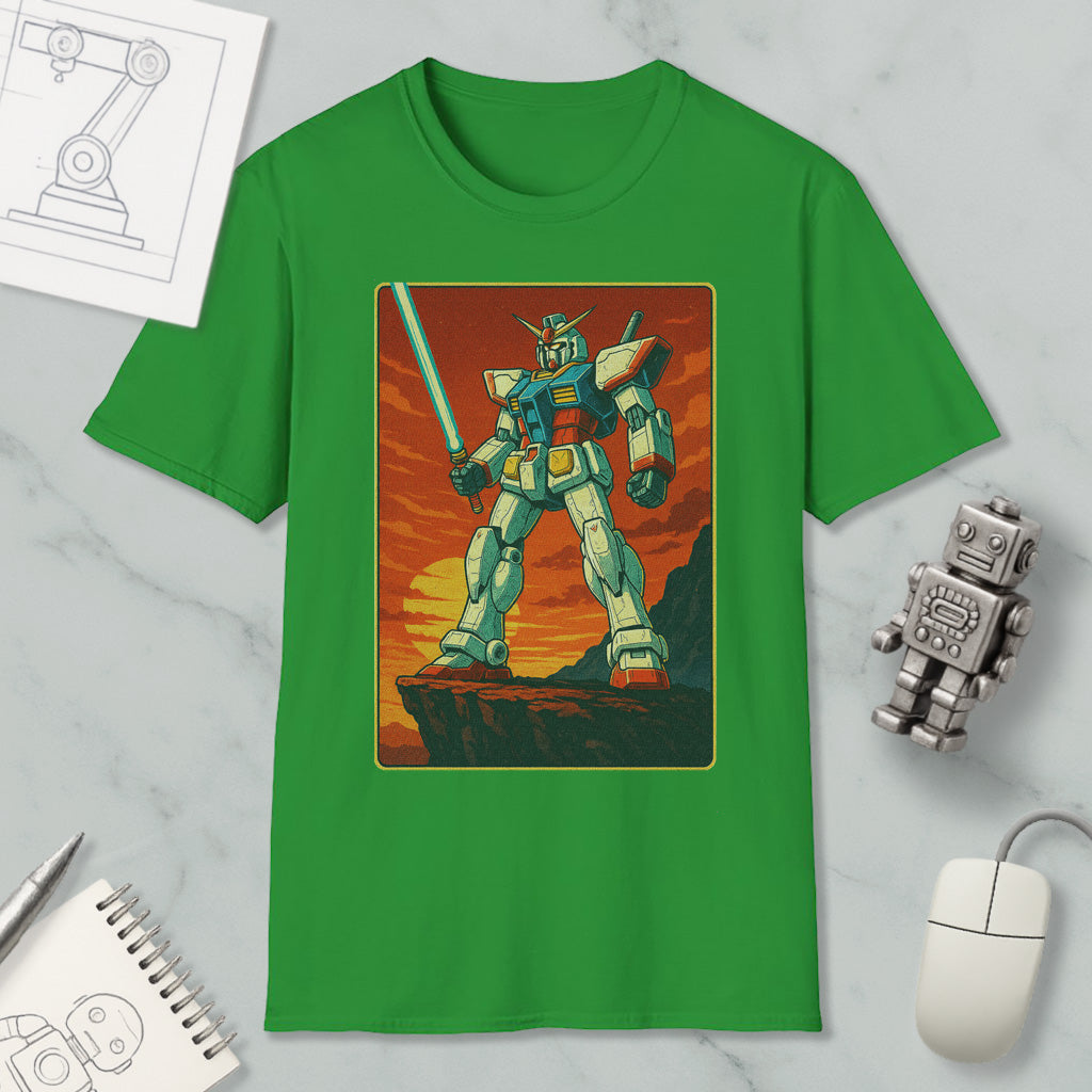 a green t-shirt with a graphic of a robot or mechanical figure, along with a computer mouse and other office supplies.