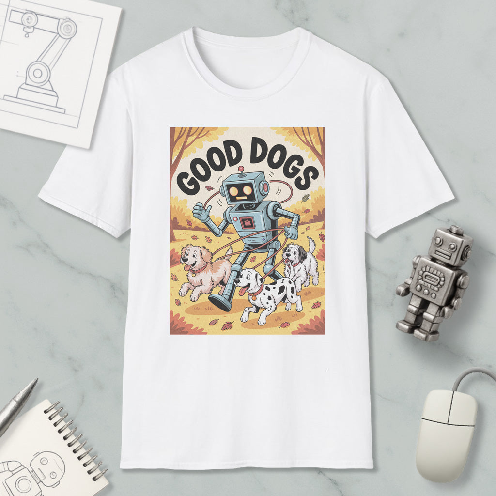 a white t-shirt with a graphic design depicting a robot walking with three dogs, accompanied by the text "GOOD DOGS".