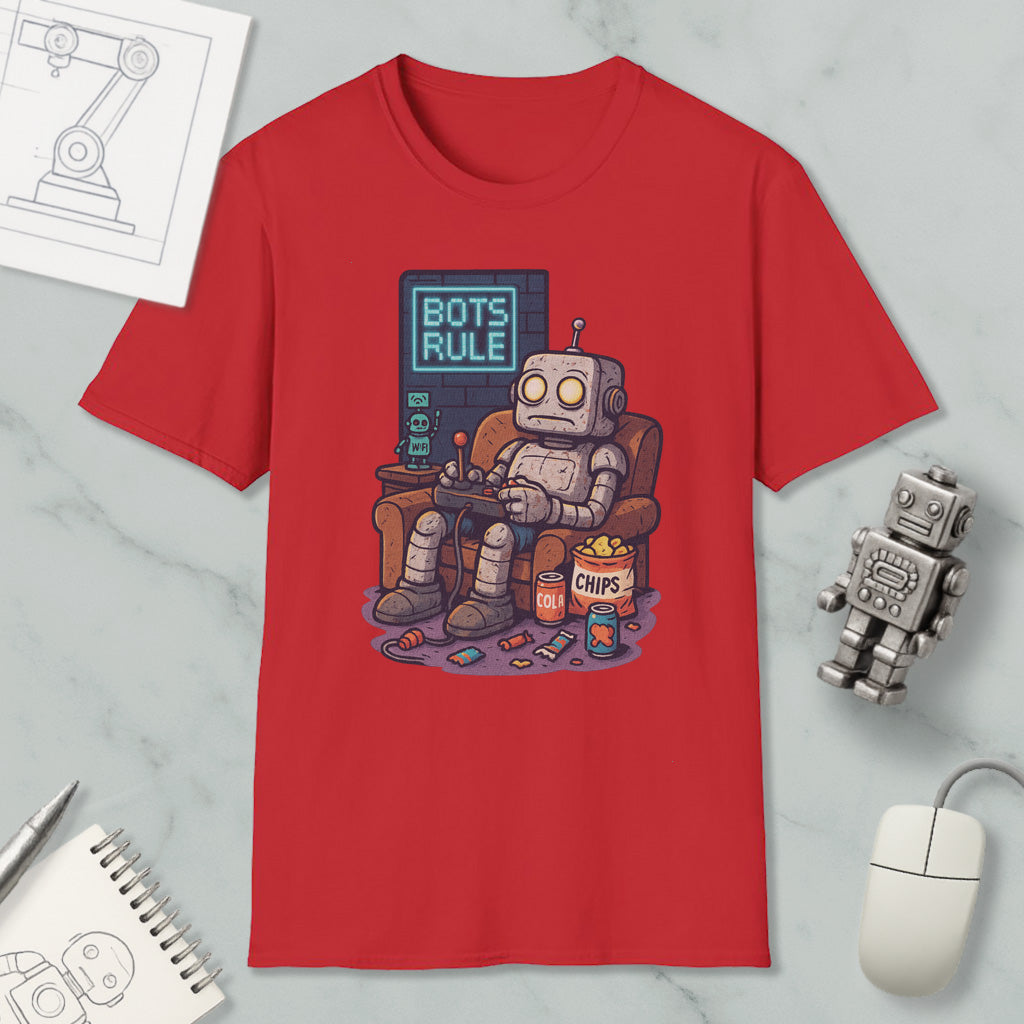 a red t-shirt with a cartoon robot sitting in a chair and playing a video game, surrounded by various objects such as a computer mouse, a notebook, and a robot figurine.