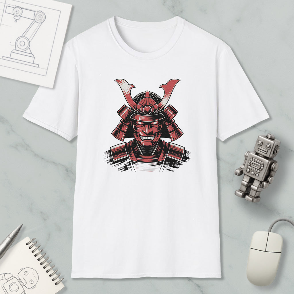 a white t-shirt with a graphic design of a red and black warrior figure, along with various objects such as a computer mouse, a notebook, and a robot.