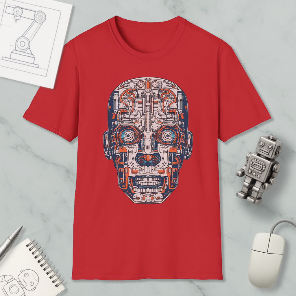 a red t-shirt with a graphic design of a robot or mechanical face, surrounded by various objects such as a computer mouse, a notebook, and a pen.