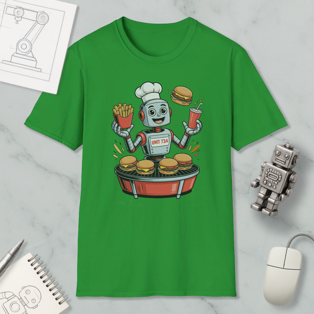 a green t-shirt with a cartoon robot chef preparing hamburgers and french fries. The t-shirt is displayed on a marble surface, along with a computer mouse, a notebook, and a small robot figurine.