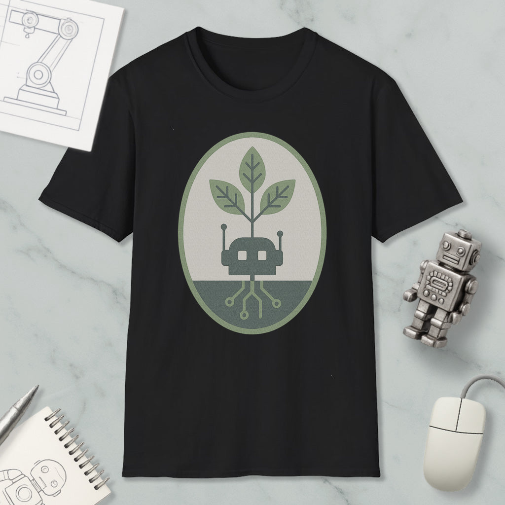 a black t-shirt with a graphic design of a plant growing out of a circuit board, surrounded by a green and gray oval. The t-shirt is placed on a marble surface, with a small robot figurine and a computer mouse nearby.