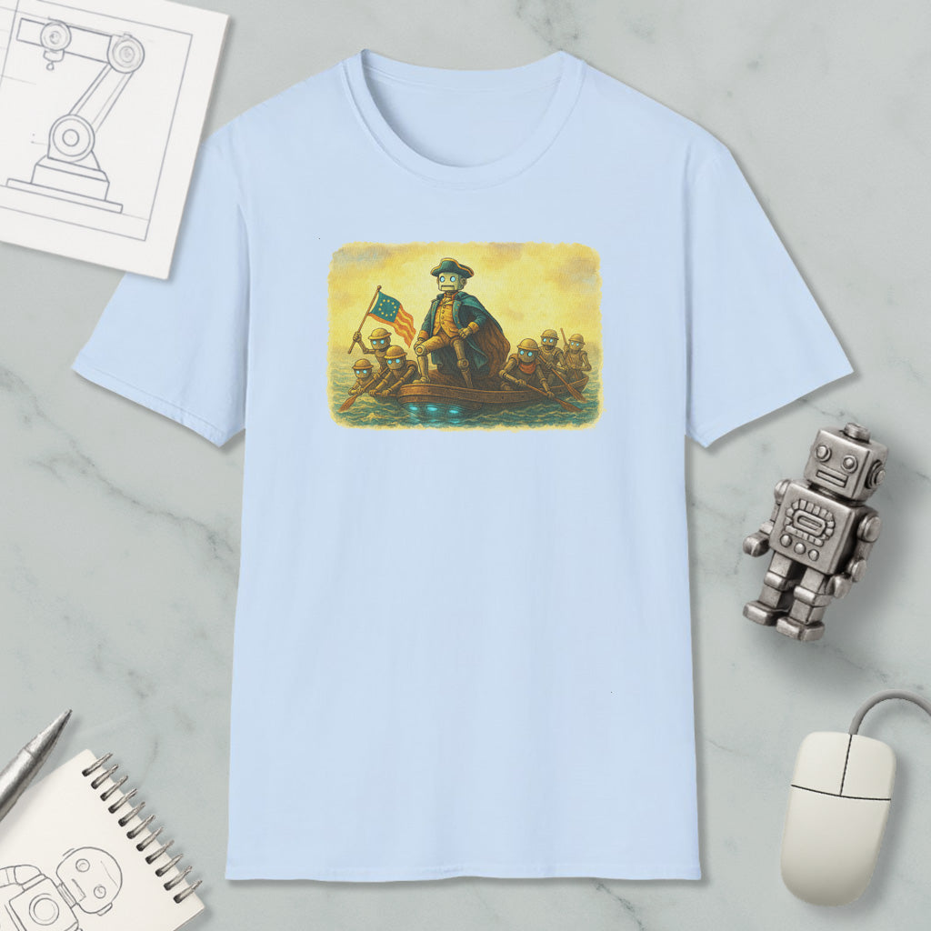 a light blue t-shirt with a painting of a man on a boat, surrounded by other objects such as a computer mouse, a robot, and a notebook.
