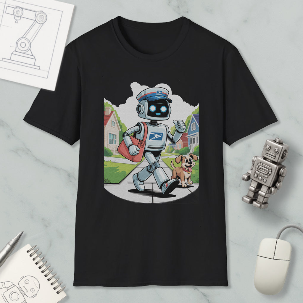 A black t-shirt with a cartoon image of a robot walking down the street with a dog, accompanied by a computer mouse and a notebook.