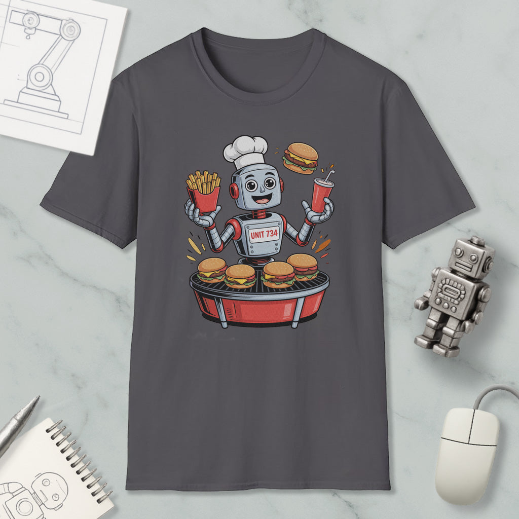 A t-shirt with a cartoon robot chef preparing hamburgers and french fries, surrounded by various objects such as a computer mouse, a notebook, and a robot toy.
