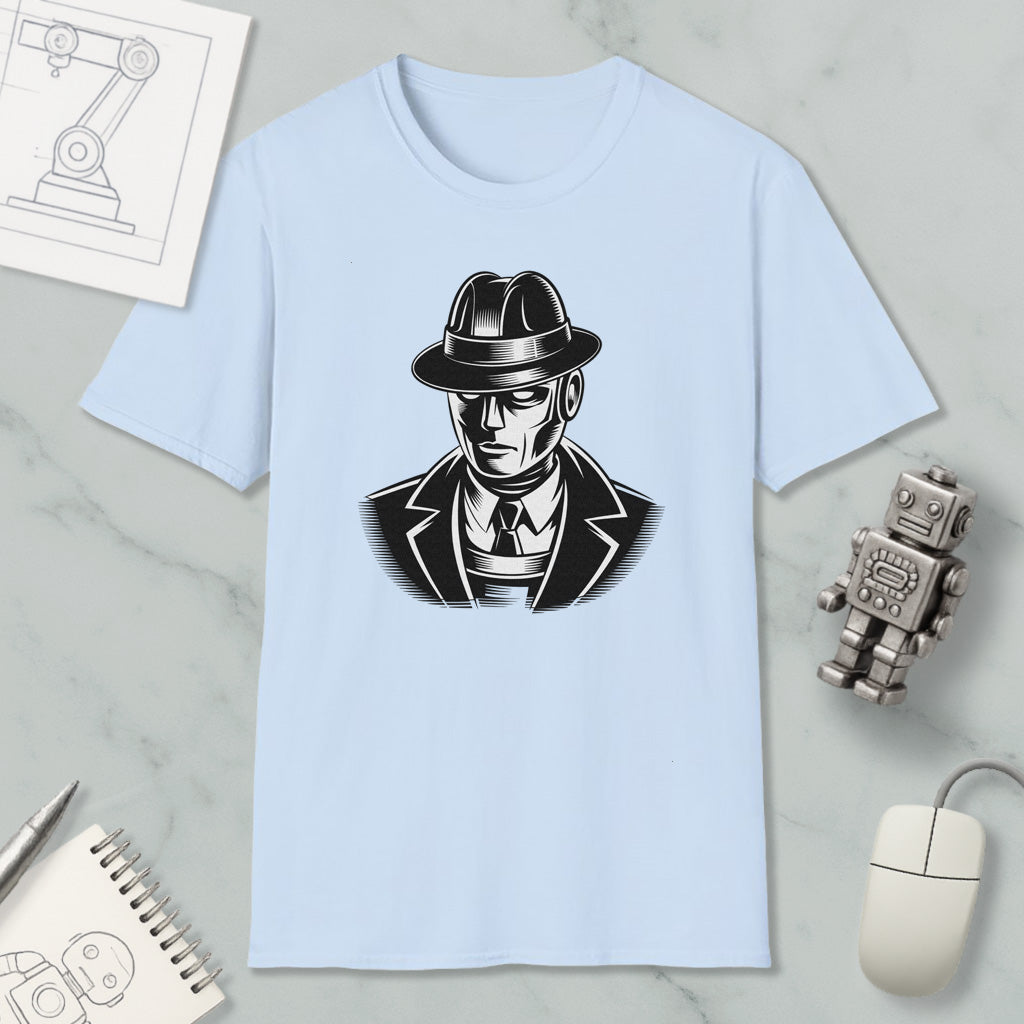 a light blue t-shirt with a graphic of a man wearing a hat and suit, along with a small robot and a computer mouse.