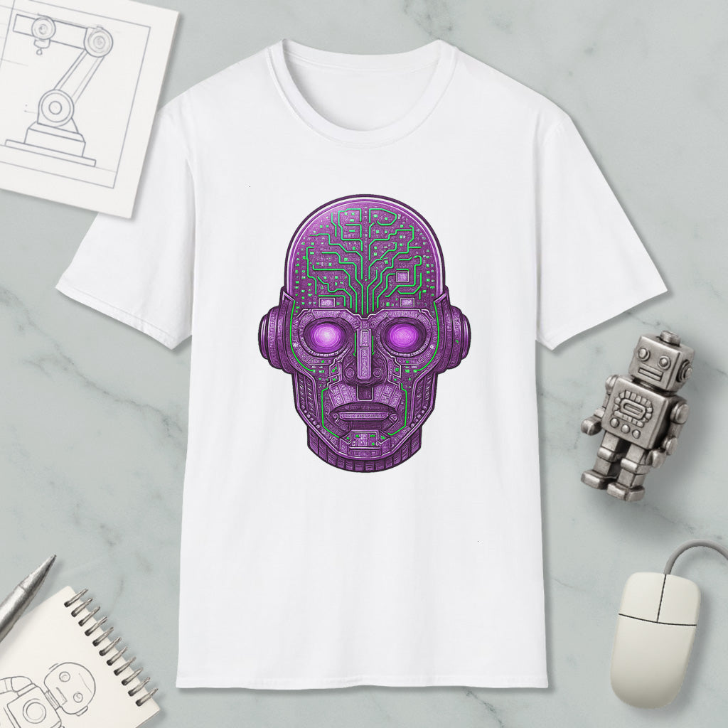 a white t-shirt with a purple robot or cyborg-like face design on it, along with various objects such as a computer mouse, a notebook, and a pen.