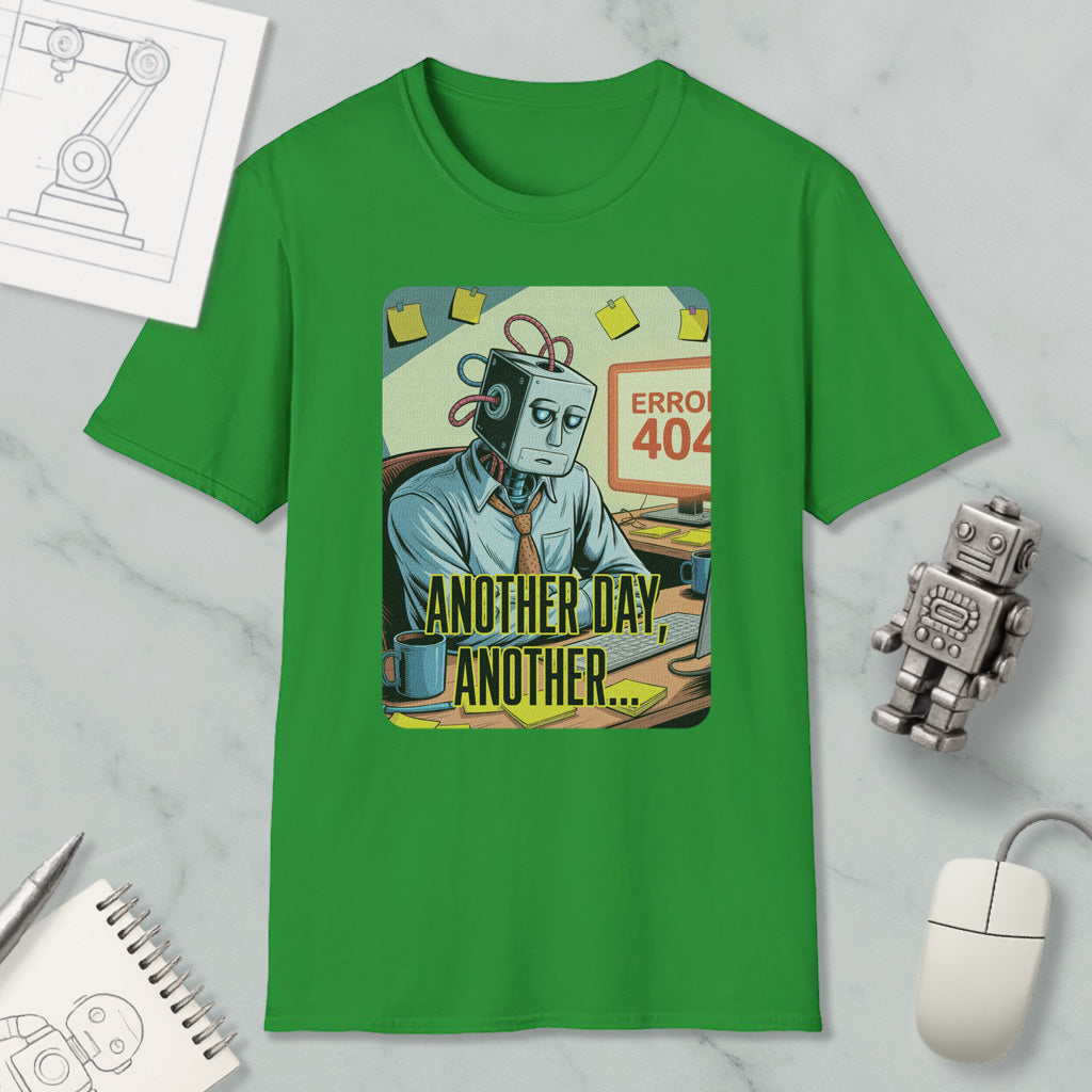 a green t-shirt with a cartoon robot and the text "Another day, another..." printed on it. The t-shirt is displayed on a marble surface, along with various objects such as a computer mouse, a pen, and a notebook.