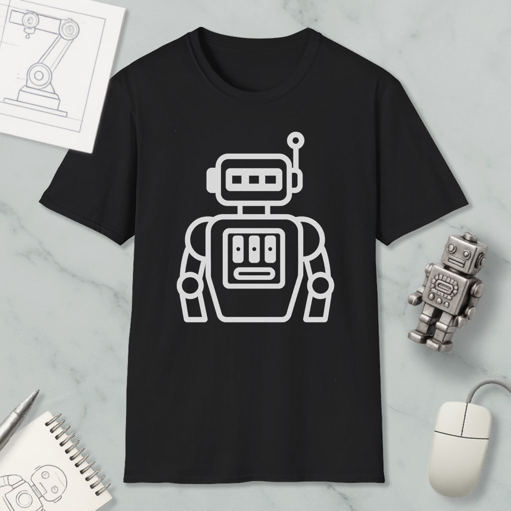 a black t-shirt with a white robot graphic printed on it, along with a small robot figurine and a computer mouse.
