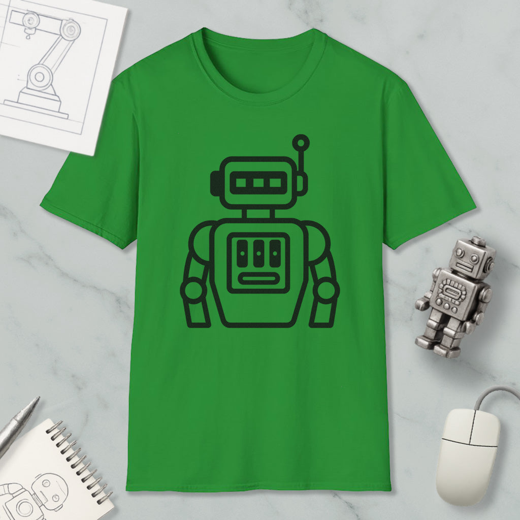 a green t-shirt with a black robot graphic, along with a small robot figurine and a computer mouse.