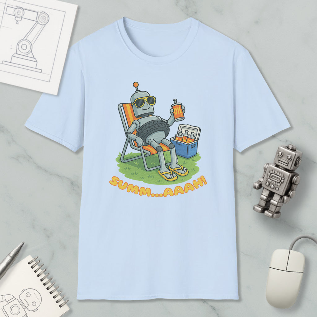A light blue t-shirt with a cartoon robot sitting in a chair and holding a drink, with the text "SUMM...AAAH!" printed on it.