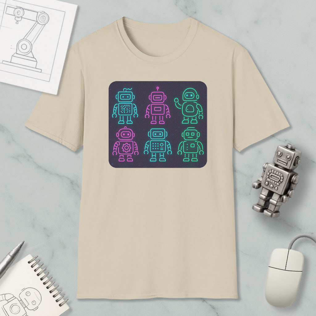 a beige t-shirt with a graphic design of six colorful robot icons arranged in a square pattern. The t-shirt is placed on a marble surface, along with a computer mouse, a pen, and a notebook.