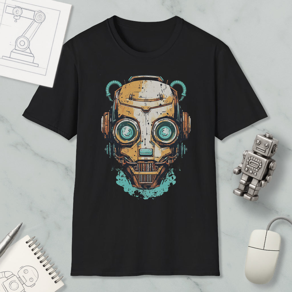 a black t-shirt with a graphic design of a robot or cyborg head, along with various objects such as a computer mouse, a notebook, and a pen.