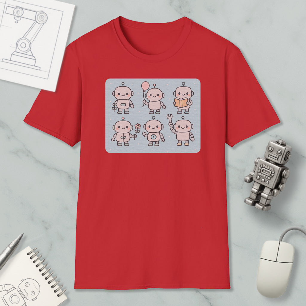 a red t-shirt with a graphic of six cartoon robots, along with a computer mouse, a notebook, and a pen on a marble surface.
