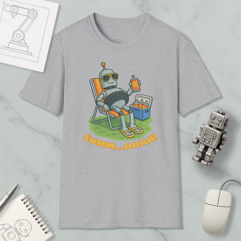 a gray t-shirt with a cartoon robot sitting in a chair and holding a drink, accompanied by the text "SUMM...AAAH!"