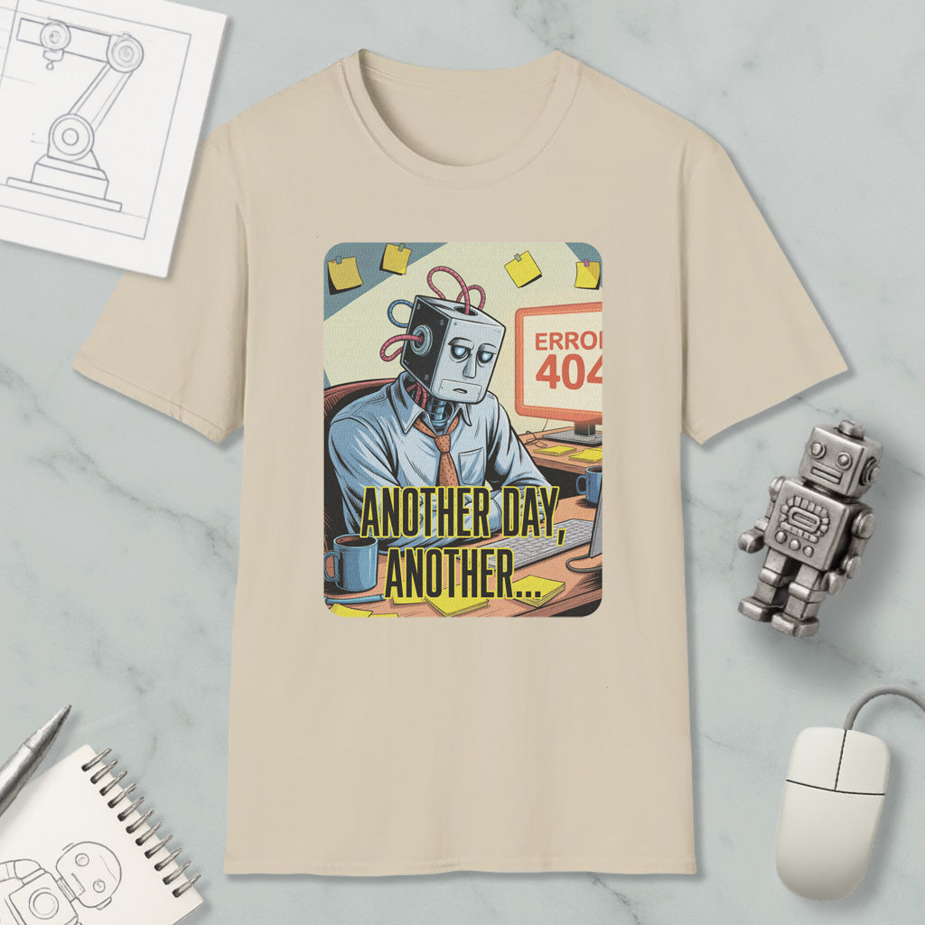 a t-shirt with a graphic design depicting a robot or machine with a face, surrounded by various objects such as a computer mouse, a notebook, and a pen.