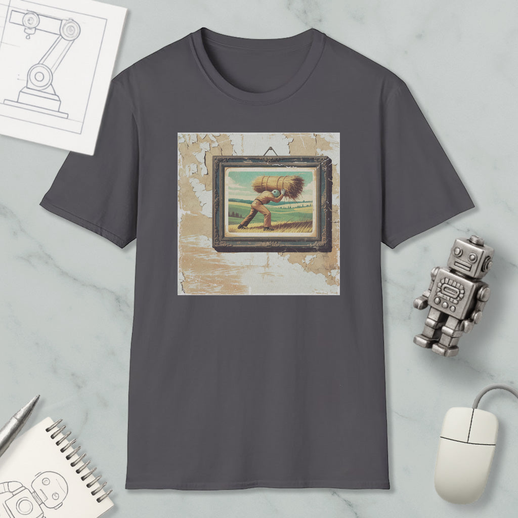 a gray t-shirt with a framed painting of a man carrying a large bundle on his back, surrounded by various objects such as a computer mouse, a robot, and a notebook.