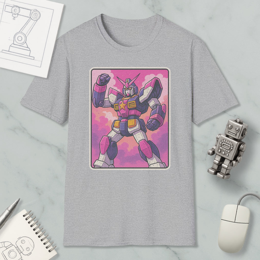 a gray t-shirt with a colorful graphic of a robot or character, along with various objects such as a computer mouse, a notebook, and a pen.