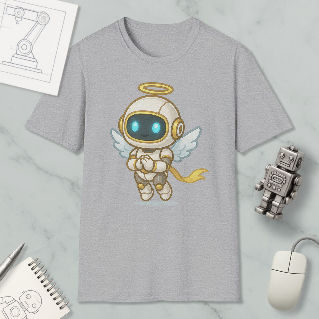 a gray t-shirt with a cartoon illustration of a winged robot or angel, along with various objects such as a computer mouse, a notebook, and a small robot figurine.