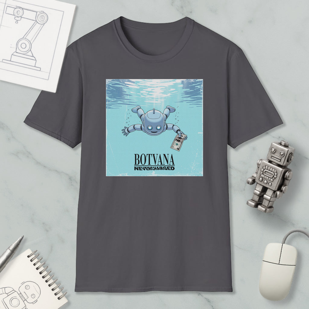 a gray t-shirt with a graphic design depicting a robot underwater, accompanied by the text "BOTYANA NARROW-MINDED".