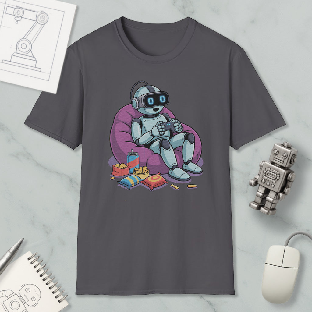 A gray t-shirt with a cartoon robot sitting in a bean bag chair, holding a game controller, surrounded by snacks and a toy robot.