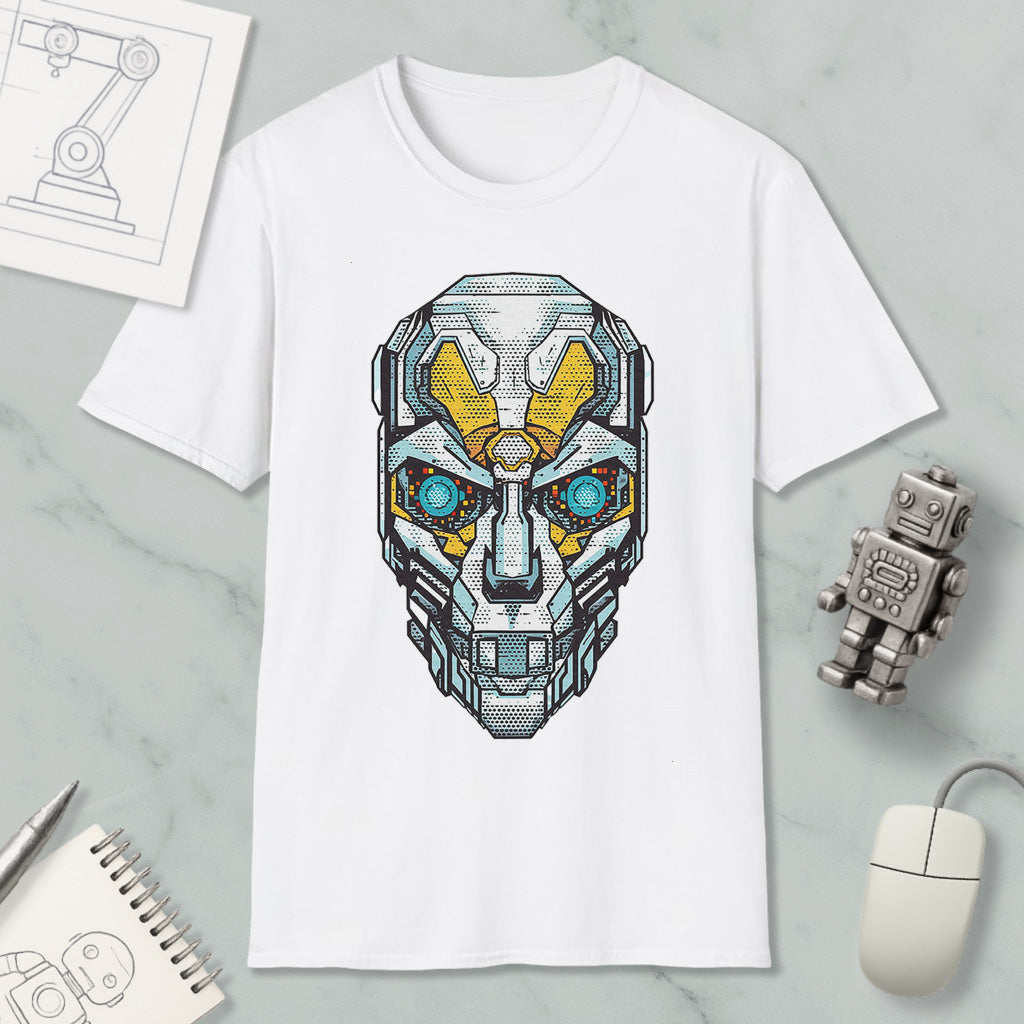 a white t-shirt with a graphic design of a robot or cyborg head, along with various objects such as a computer mouse, a notebook, and a pen.