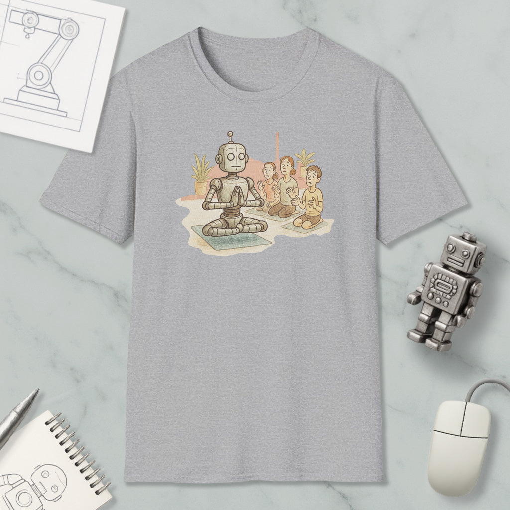 a gray t-shirt with a cartoon illustration of a robot sitting on a mat, surrounded by three people. The t-shirt is placed on a marble surface, along with a computer mouse, a notepad, and a small robot figurine.