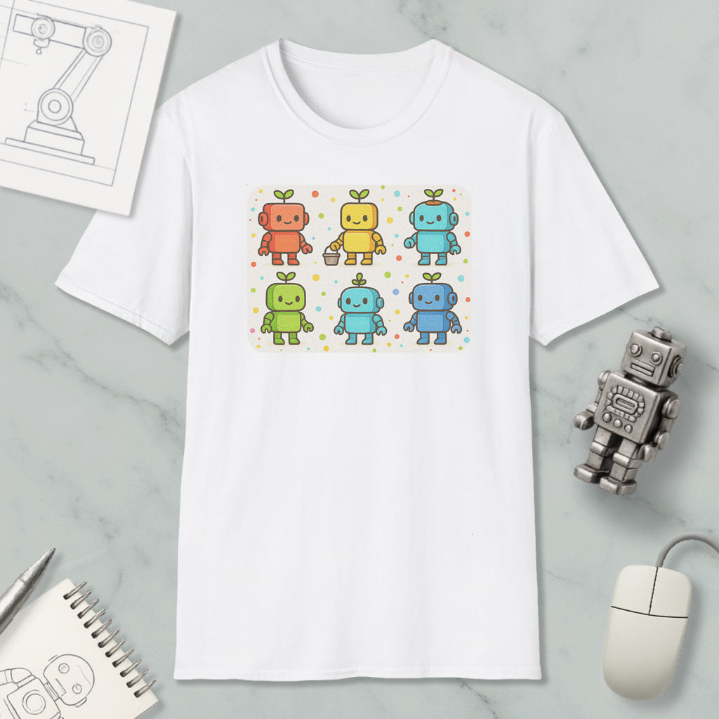 a white t-shirt with a colorful graphic of six cartoon robots, each with a unique color and design. The t-shirt is placed on a marble surface, surrounded by various objects such as a computer mouse, a notebook, and a pen.