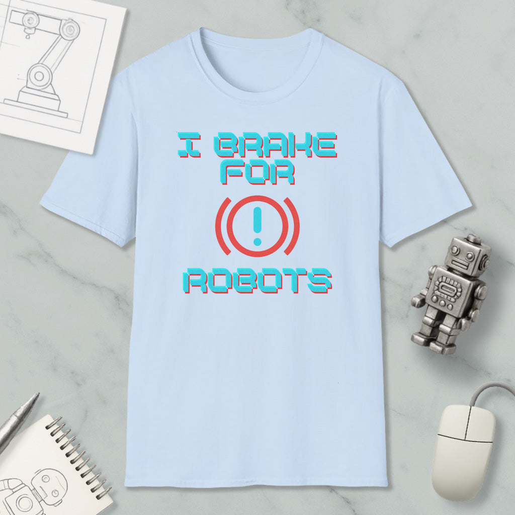 a light blue t-shirt with the text "I BRACE FOR ROBOTS" printed on it, along with a robot figure and a computer mouse.