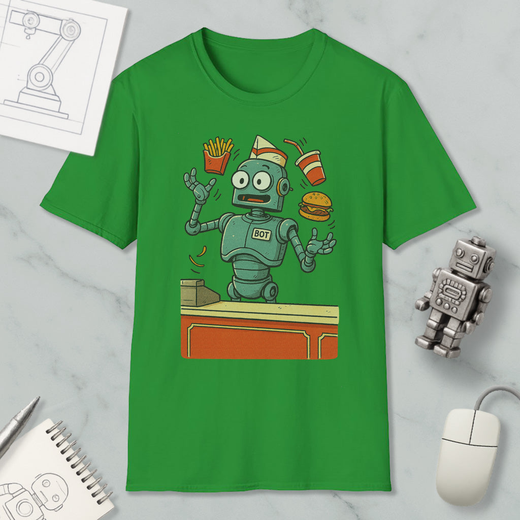 a green t-shirt with a cartoon robot standing on a table, surrounded by various objects such as a computer mouse, a notebook, and a hamburger.