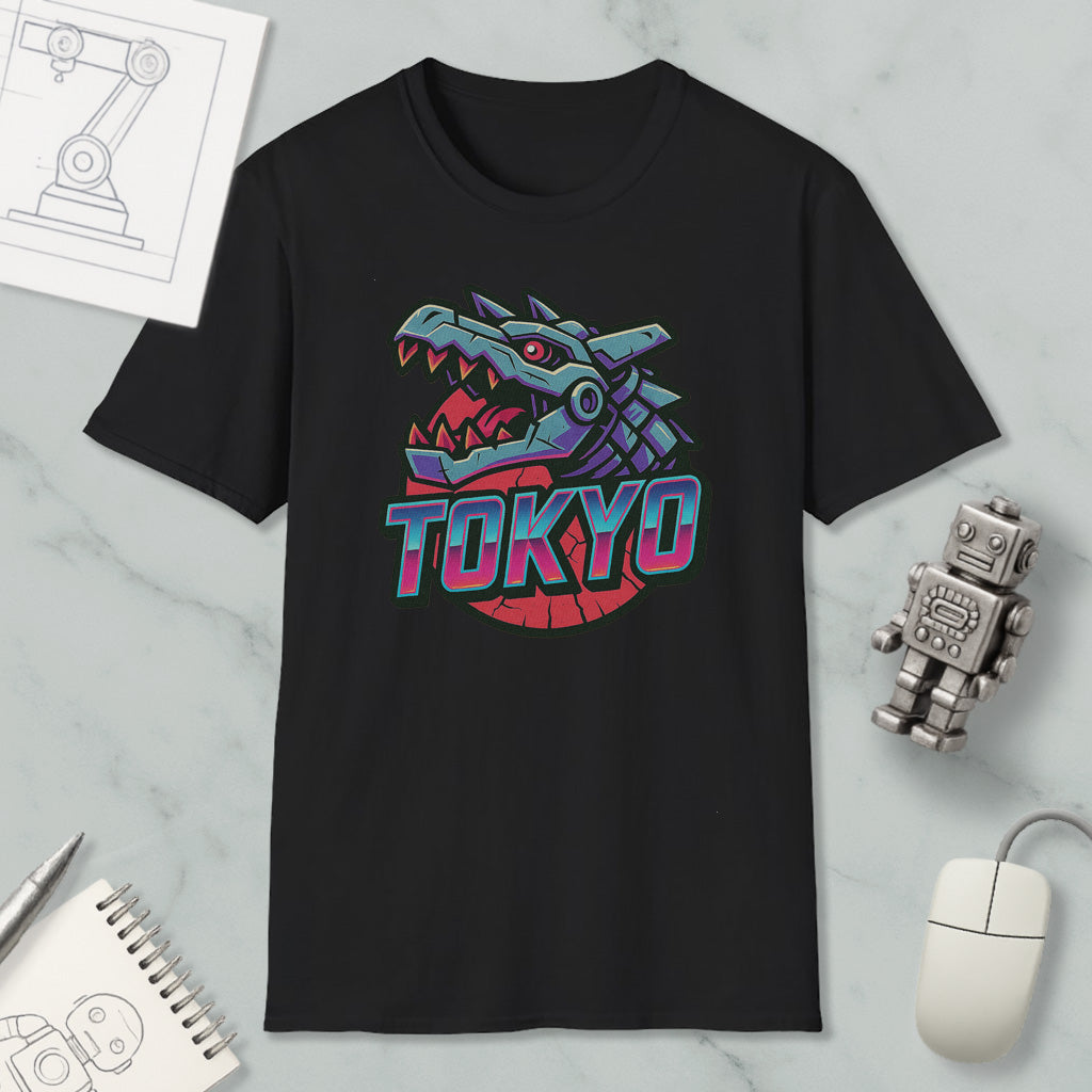 a black t-shirt with a graphic design of a dragon head and the word "TOKYO" written on it. The t-shirt is placed on a marble surface, along with a computer mouse, a notebook, and a small robot figurine.
