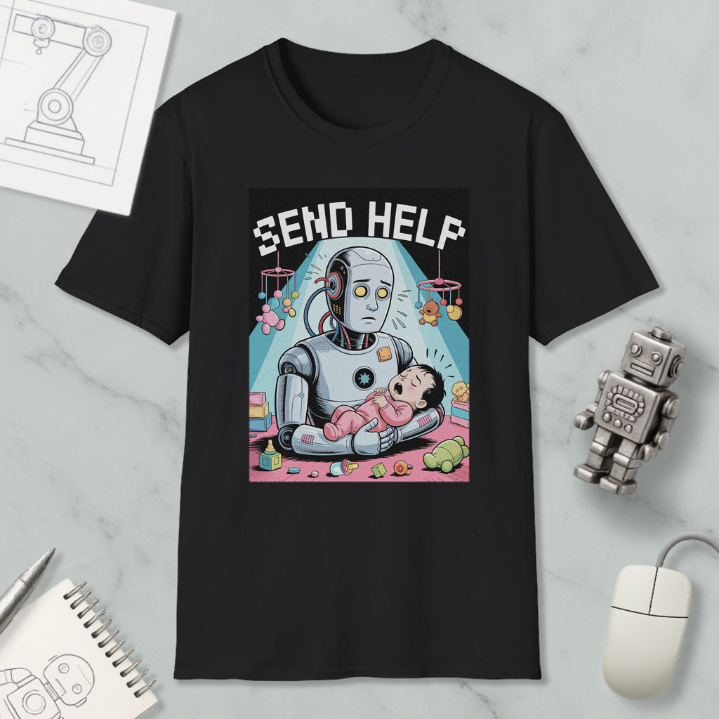 a black t-shirt with a graphic design depicting a robot figure holding a baby, surrounded by various objects such as a computer mouse, a notebook, and a toy robot.