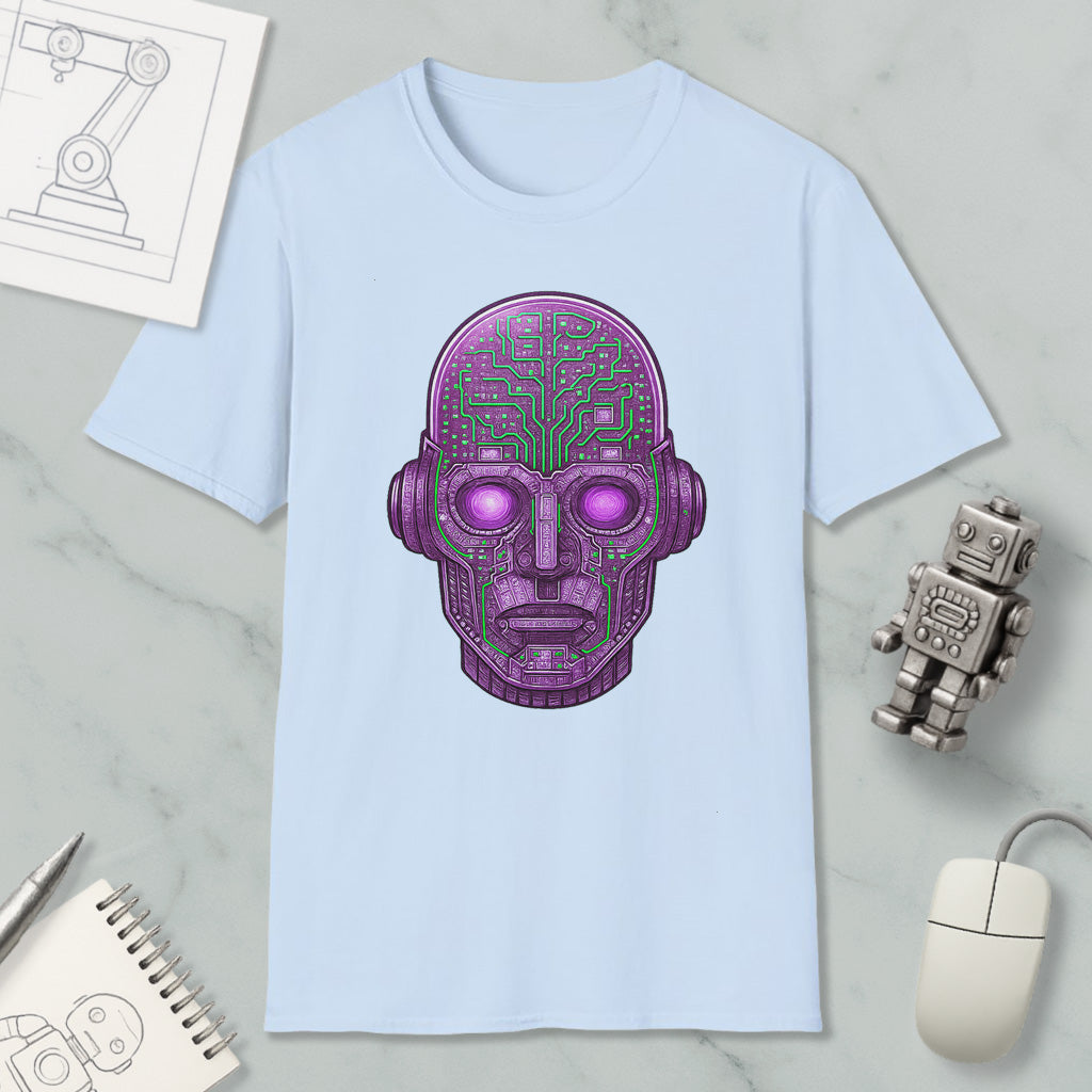 a light blue t-shirt with a purple robot or cyborg-like face design on it, along with various objects such as a computer mouse, a notebook, and a pen.