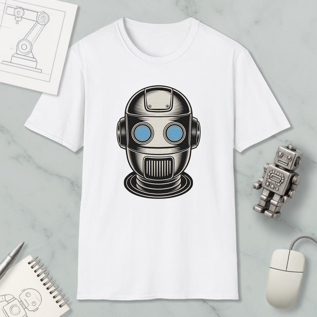 a white t-shirt with a graphic of a robot or robot head, along with various objects such as a computer mouse, a notebook, and a pen.