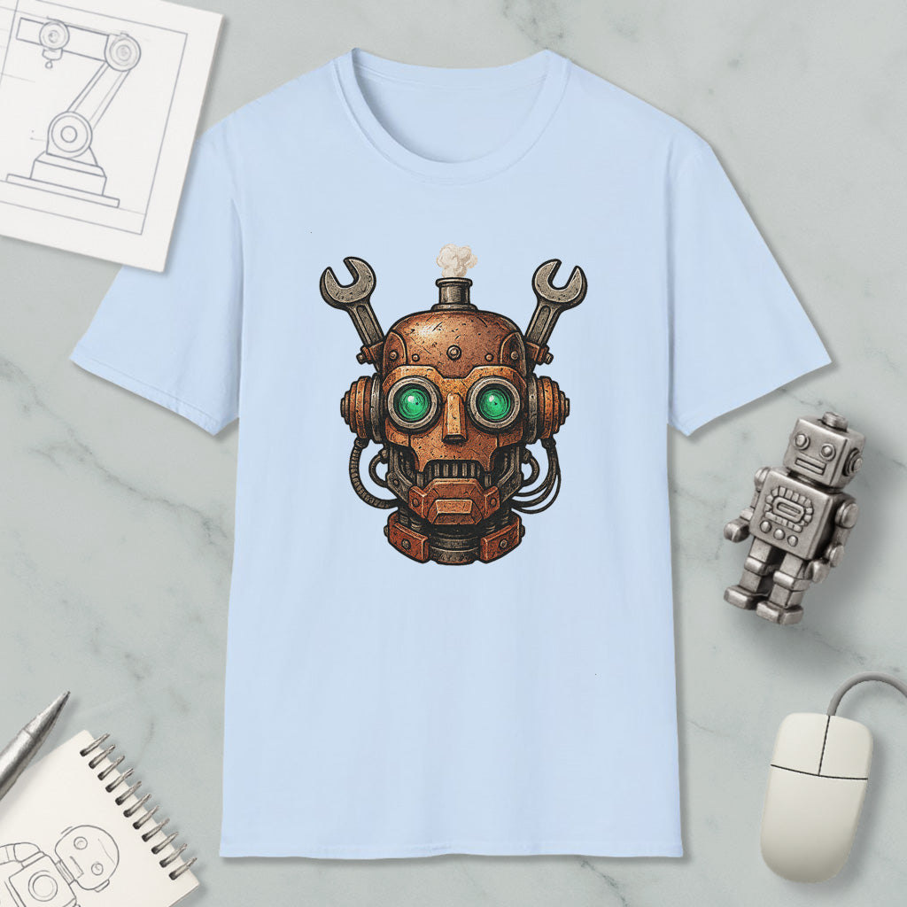 a light blue t-shirt with a robot head design, along with various objects such as a computer mouse, a notebook, and a sketch of a machine.