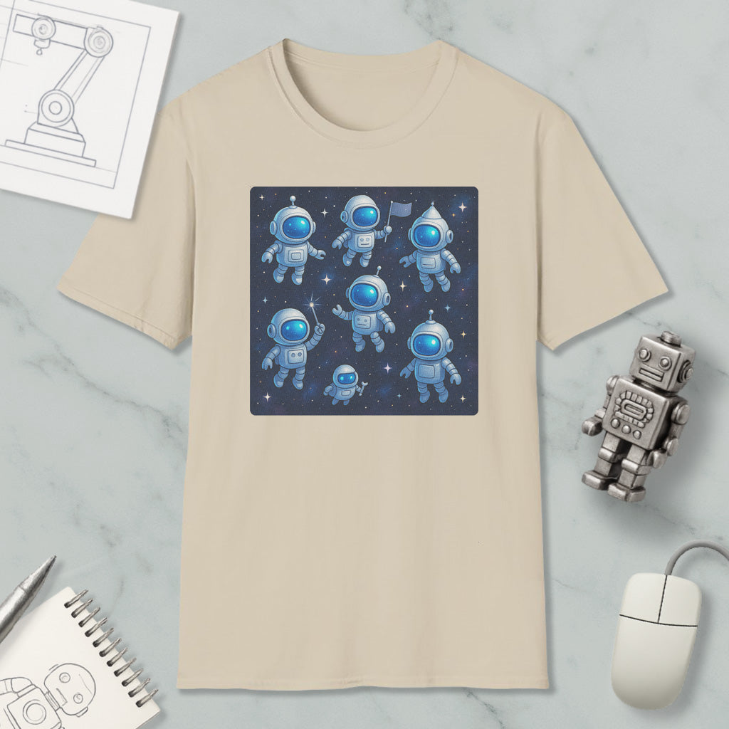 a beige t-shirt with a graphic design of seven cartoon-like astronaut figures in a space-themed illustration. The t-shirt is displayed on a marble surface, along with a computer mouse, a spiral notebook, and a small robot figurine.