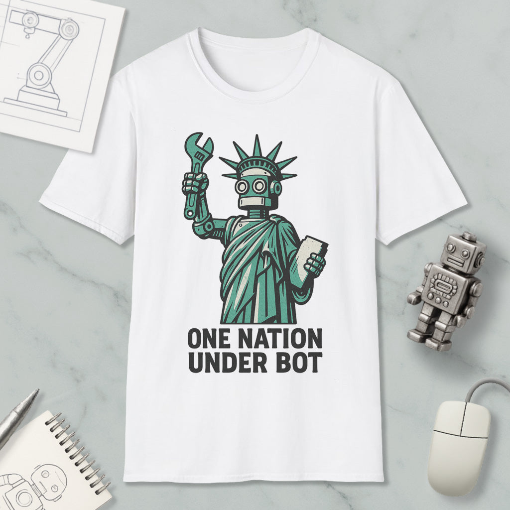 A white t-shirt with a graphic design depicting a robot figure holding a wrench and a tablet, accompanied by the text "ONE NATION UNDER BOT".