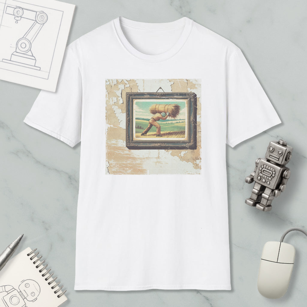 a white t-shirt with a framed painting of a man carrying a large bundle on his back, along with a computer mouse, a notebook, and a robot figurine.