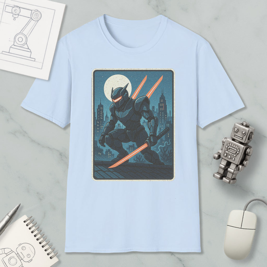 a light blue t-shirt with a graphic design depicting a robot or character holding a sword and standing on a rooftop at night. The t-shirt is placed on a marble surface, surrounded by various objects such as a computer mouse, a notebook, and a robot figurine.